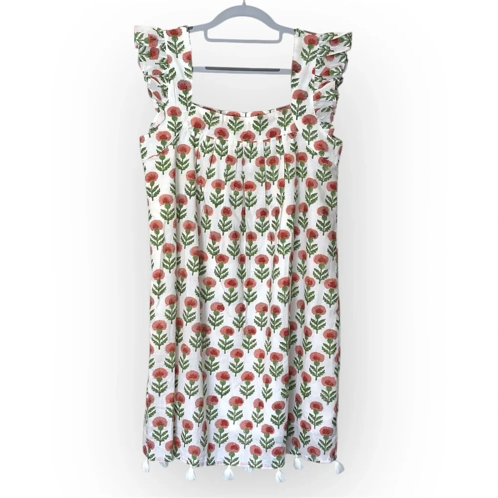 Sunshine Tienda Sleeveless Block Print Red Green Floral Cotton Dress- XS/S - Picture 2 of 8